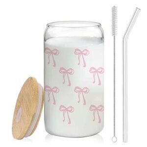 Glass Tumbler with Pink Bow Design and Bamboo Lid